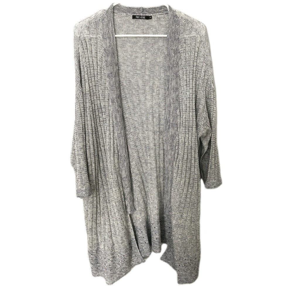 NIC+ZOE Cardigan Sweater Women 1X Indigo Linen Blend Open Knit 3/4 Sleeve NWT